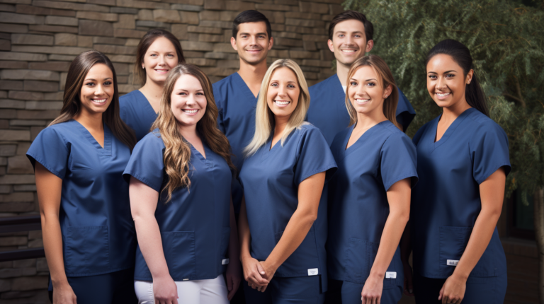 Medical office staff in scrubs for a group photo